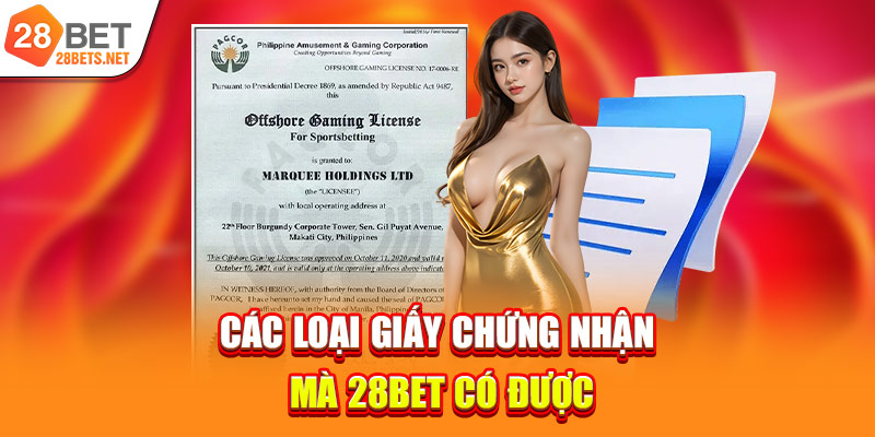Các loại giấy chứng nhận mà 28bet có được